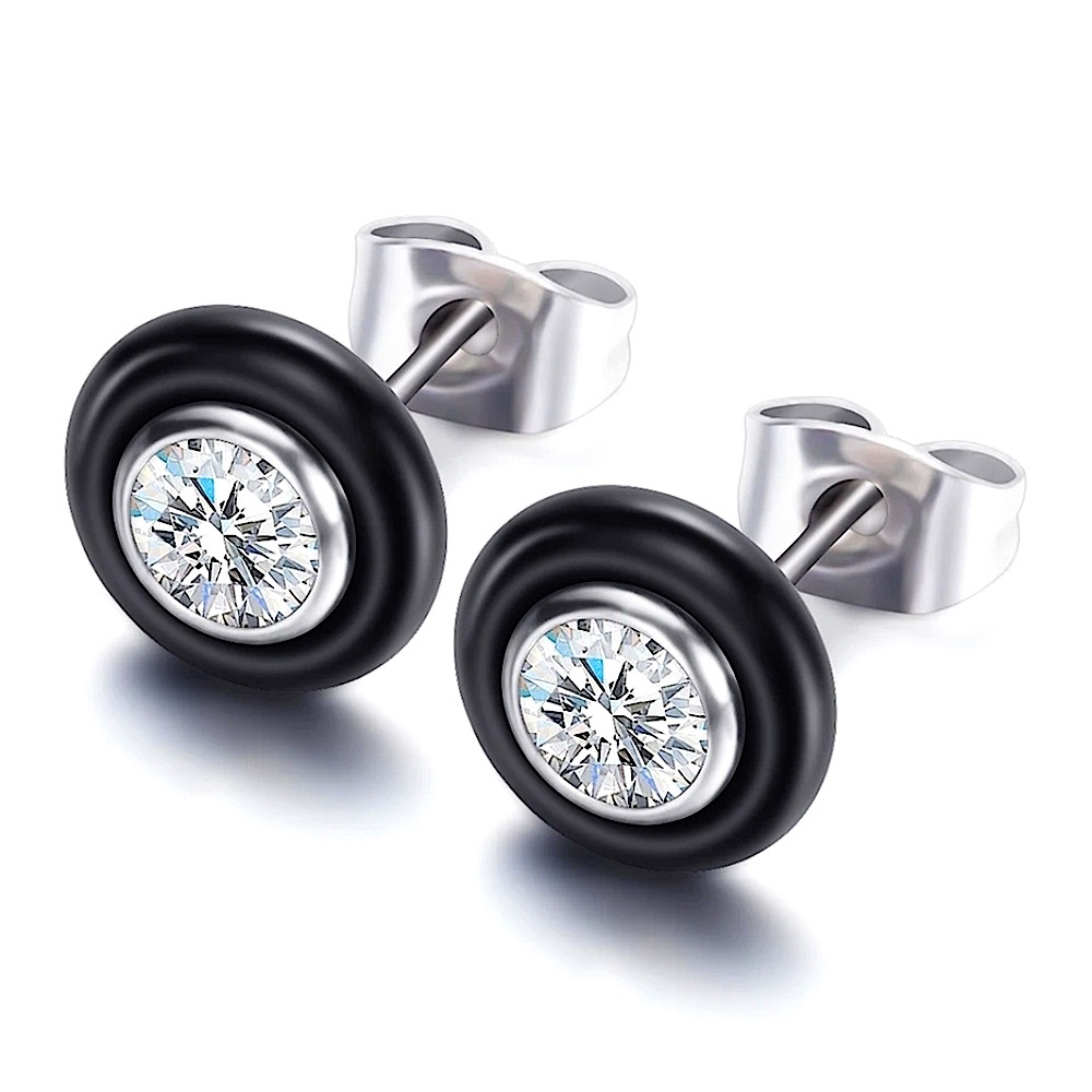 NEW Black‎ Ceramic 1 Carat Solitaire Diamond Stud Earrings, 9mm